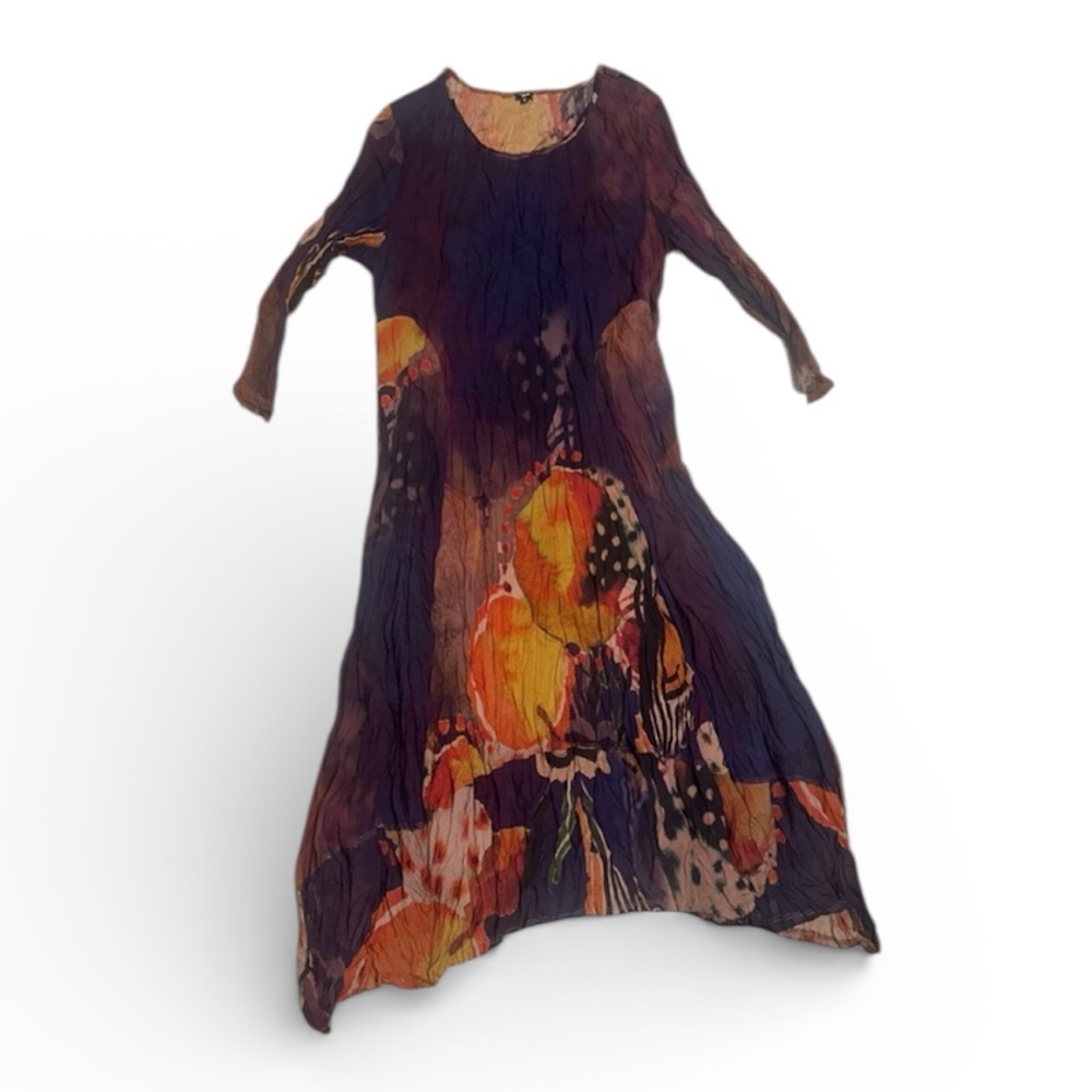 Shana Crinkle Rayon Boho Maxi Dress Abstract Floral Y2K Artsy‎ Lagenlook Small
